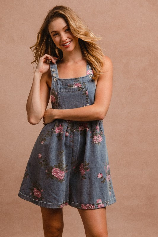 BiBi Flower Printed Wide Strap Denim Overalls Trendsi