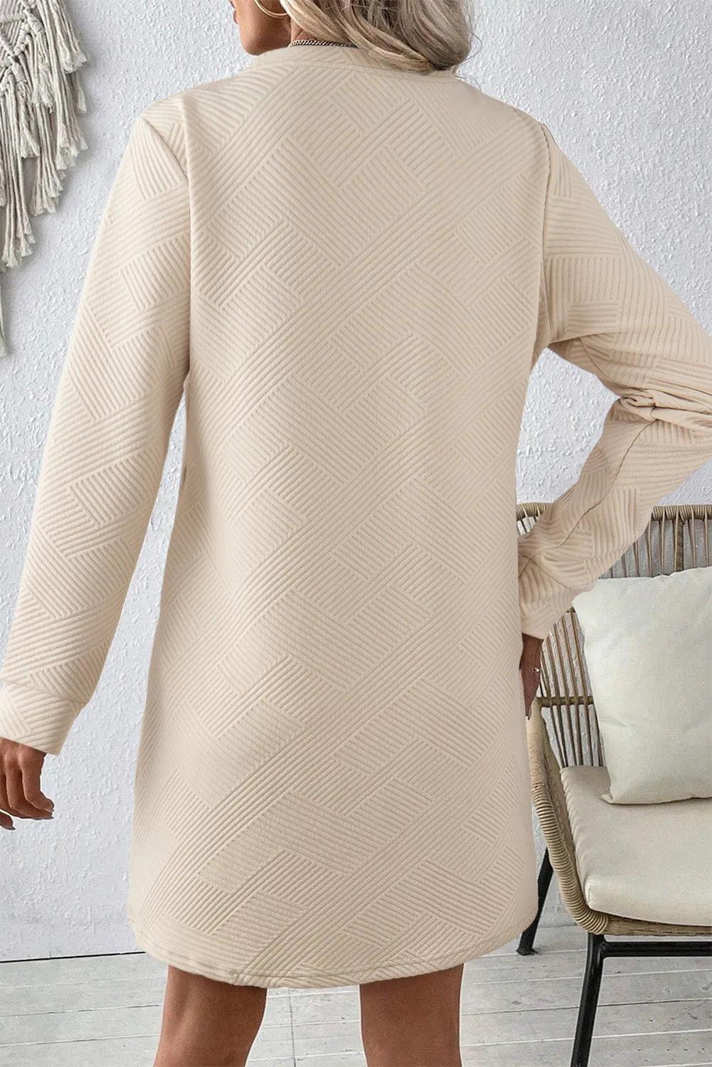 Textured Round Neck Long Sleeve Mini Dress Trendsi