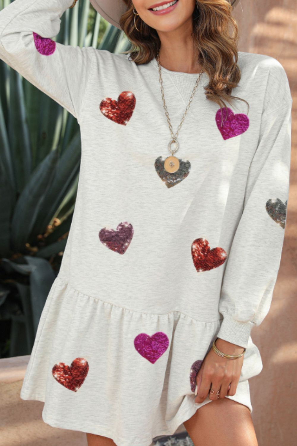 Sequin Heart Round Neck Long Sleeve Mini Dress Trendsi