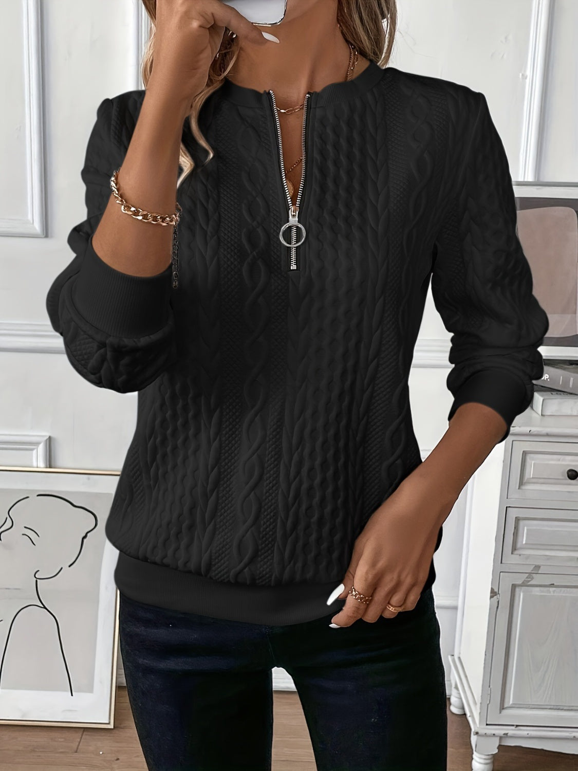 Texture Half Zip Long Sleeve Sweatshirt Trendsi