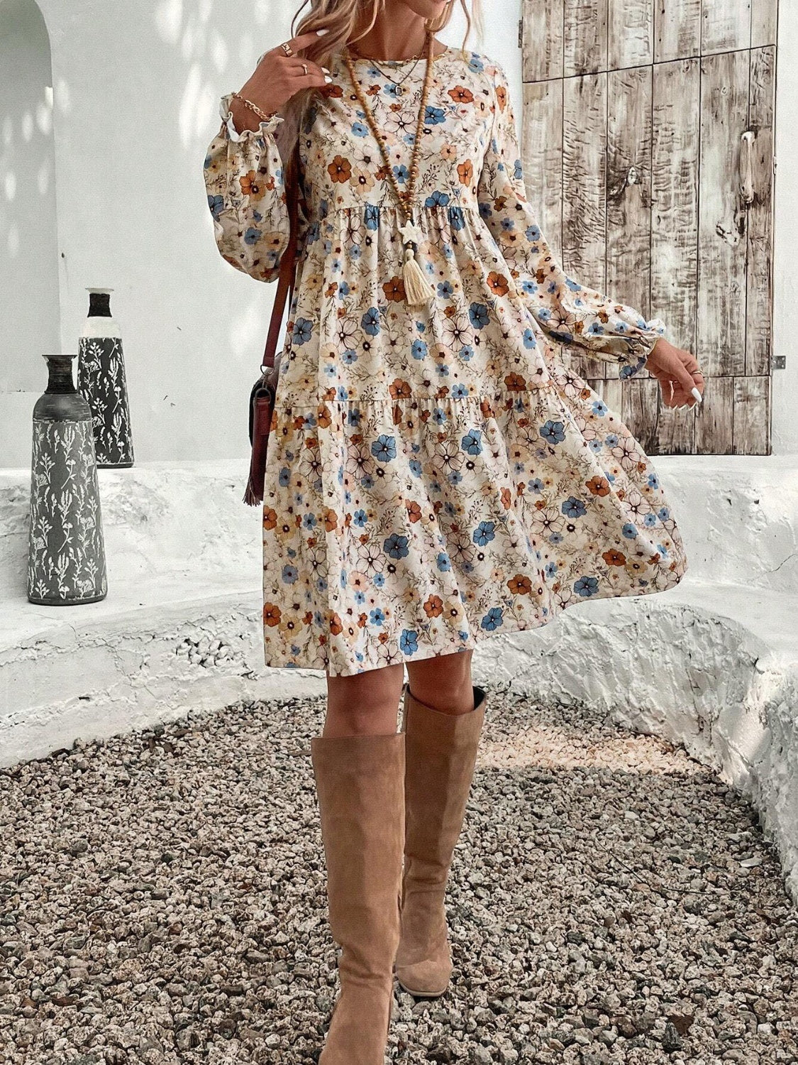 Tiered Floral Round Neck Long Sleeve Dress Trendsi