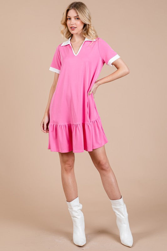 Ces Femme Ruffled Hem Johnny Collar Short Sleeve Dress Trendsi