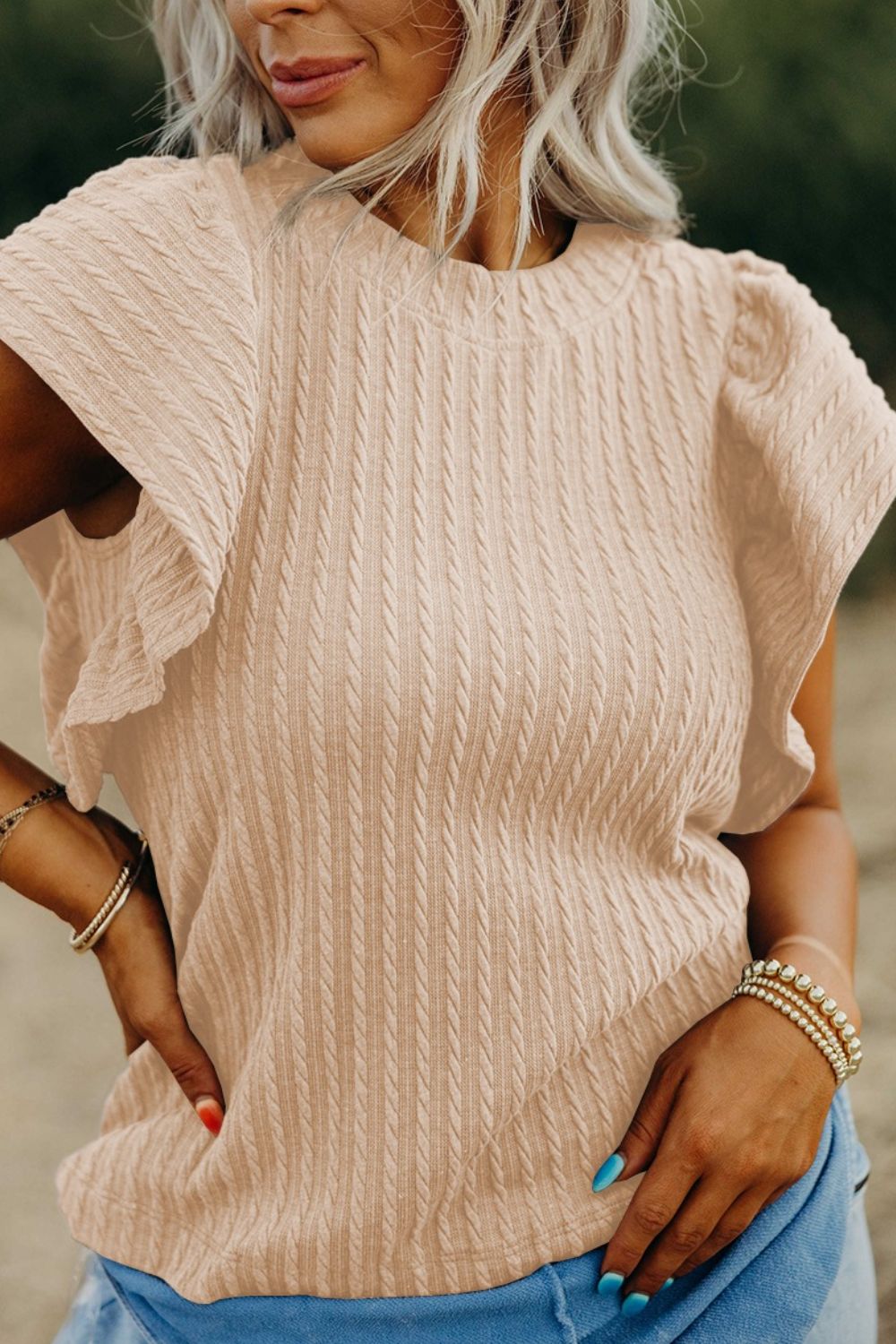 Texture Round Neck Cap Sleeve Top Trendsi