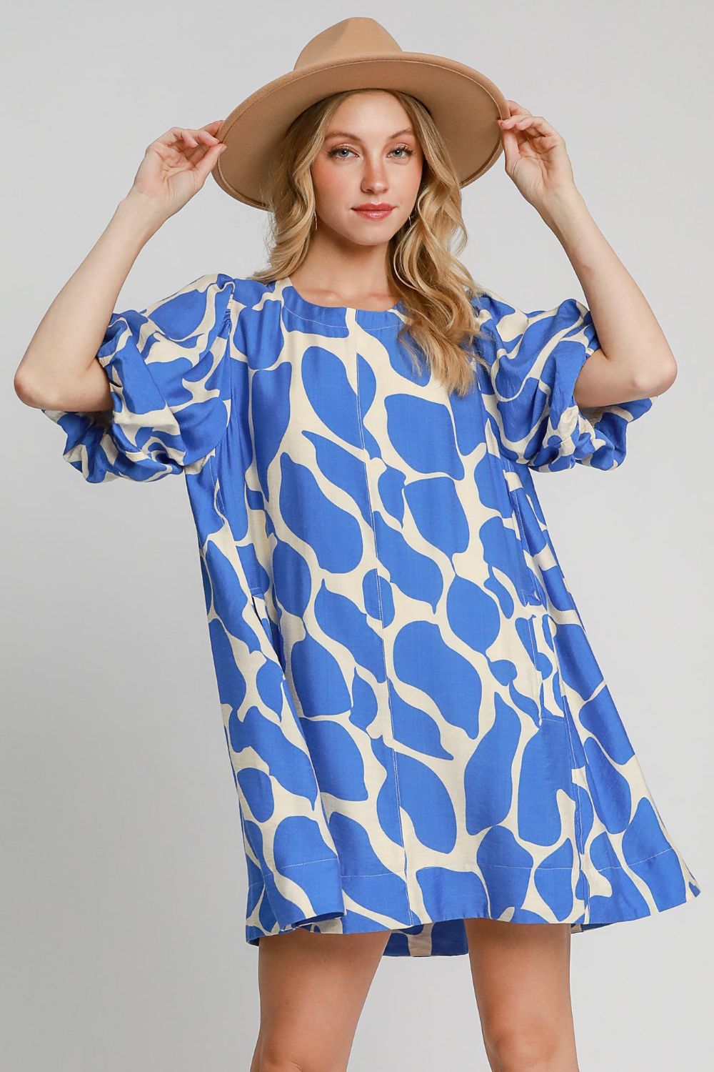 Umgee Two Tone Abstract Print Puff Sleeve Dress Trendsi