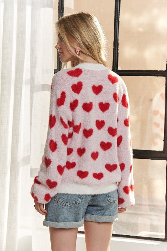 ADORA Fuzzy Heart Button Down Cardigan Trendsi