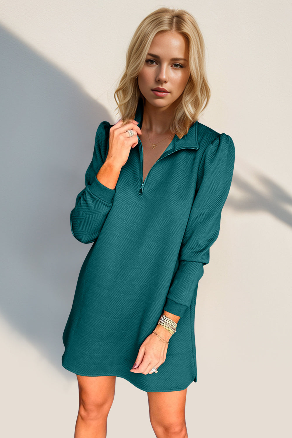 Double Take Textured Quarter Zip Long Sleeve Dress Trendsi