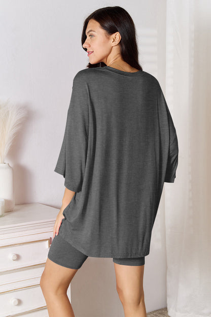 Basic Bae Full Size Soft Rayon Three-Quarter Sleeve Top and Shorts Set Trendsi