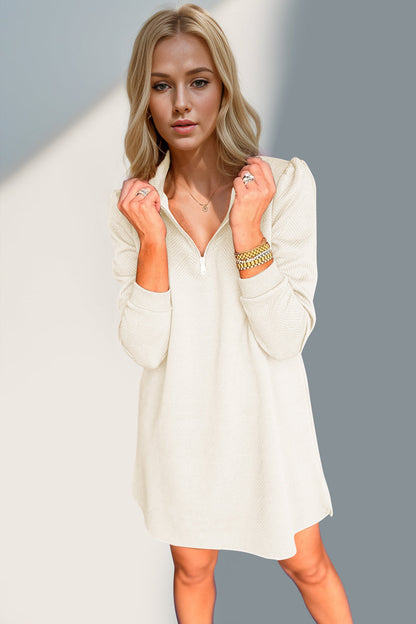 Double Take Textured Quarter Zip Long Sleeve Dress Trendsi