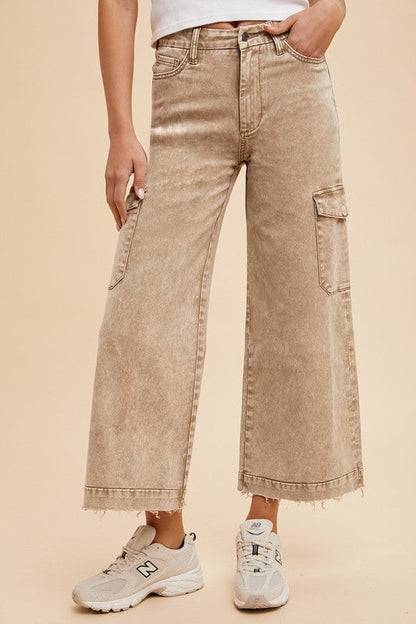 Annie Wear Raw Hem Wide Leg Jeans with Cargo Pockets Trendsi