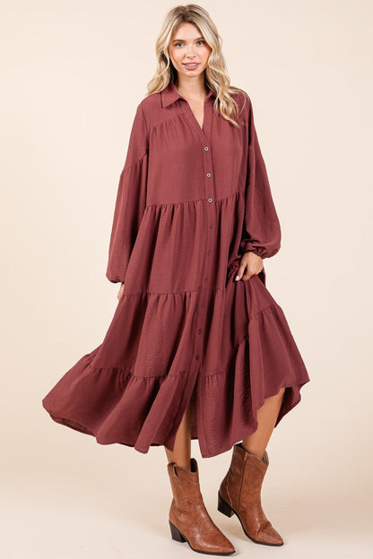 Mittoshop Tiered Button Down Long Sleeve Midi Dress Trendsi