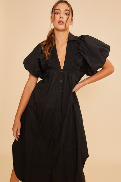 Annie Wear Smocked Puff Sleeve Midi Dress Trendsi