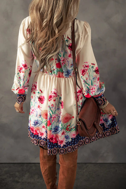 Flower Button Down Lantern Sleeve Dress Trendsi