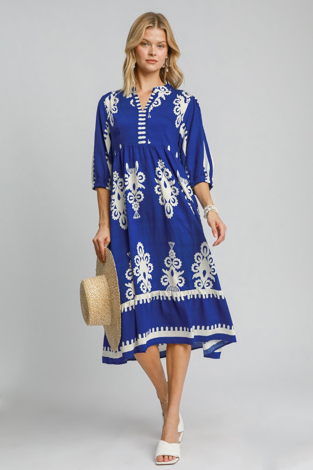 Umgee Printed Notched Midi Dress Trendsi