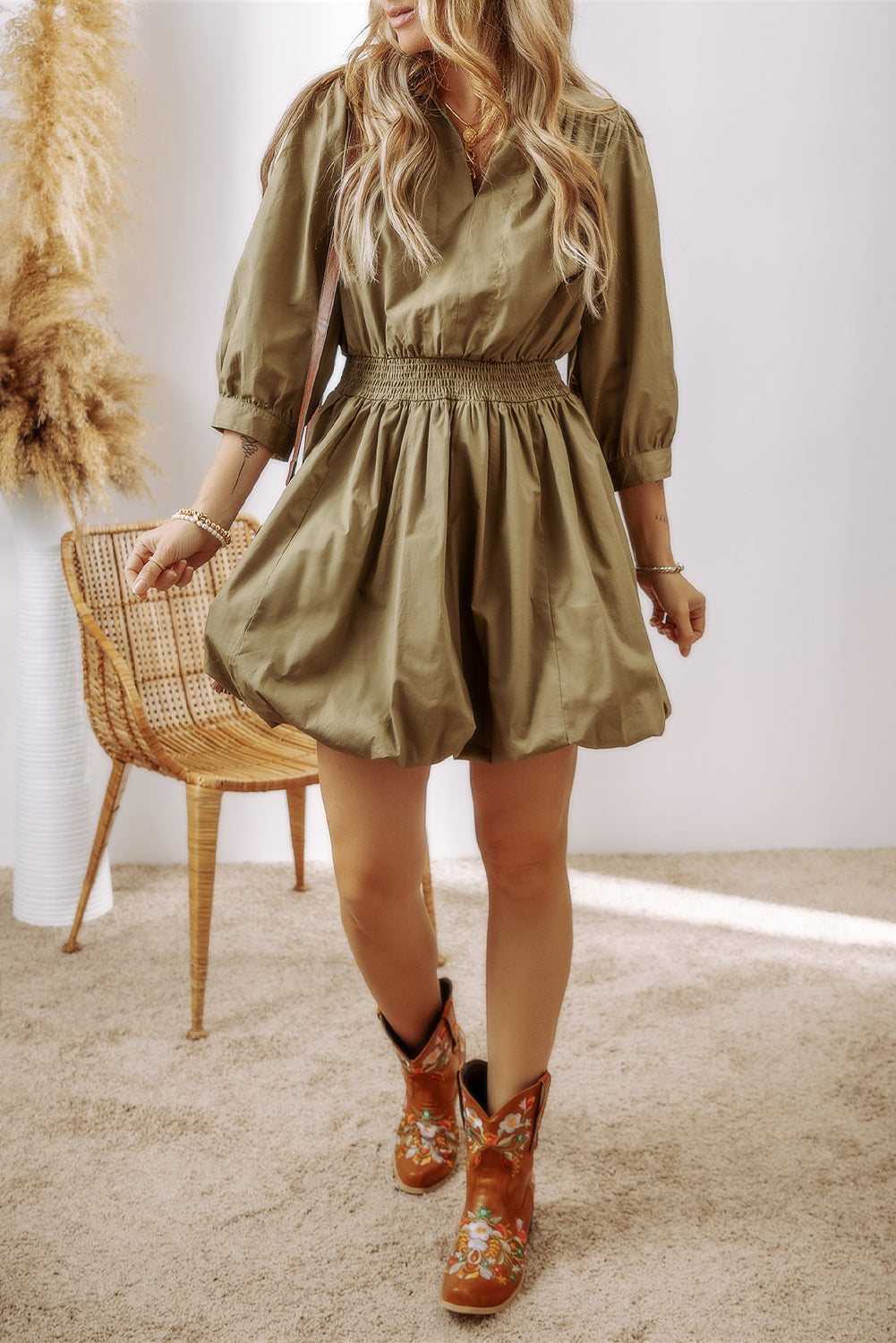 Smocked Johnny Collar Three-Quarter Sleeve Mini Dress Trendsi