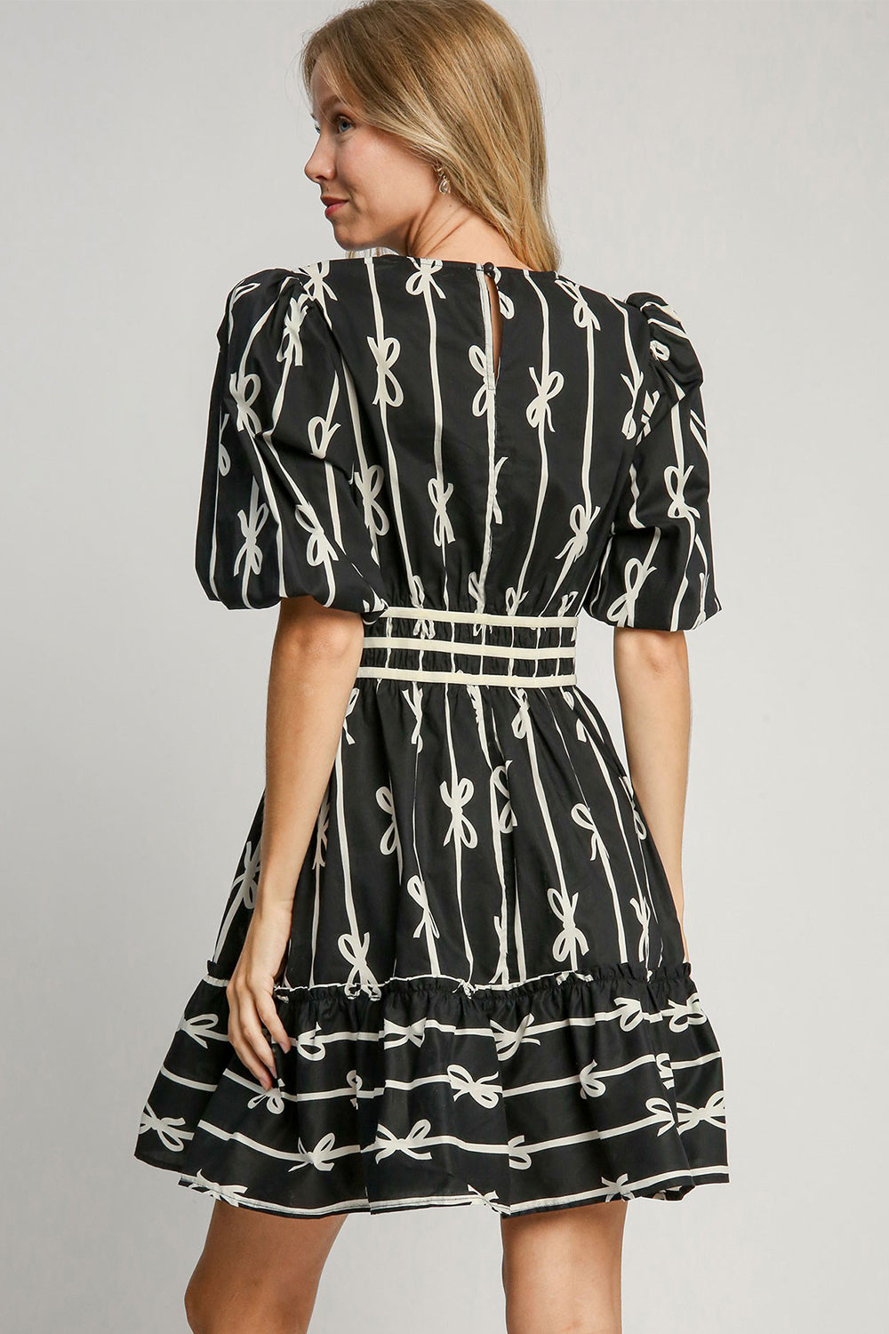 Umgee Ribbon Print Frill Contrast Velvet Trim Half Sleeve Dress Trendsi