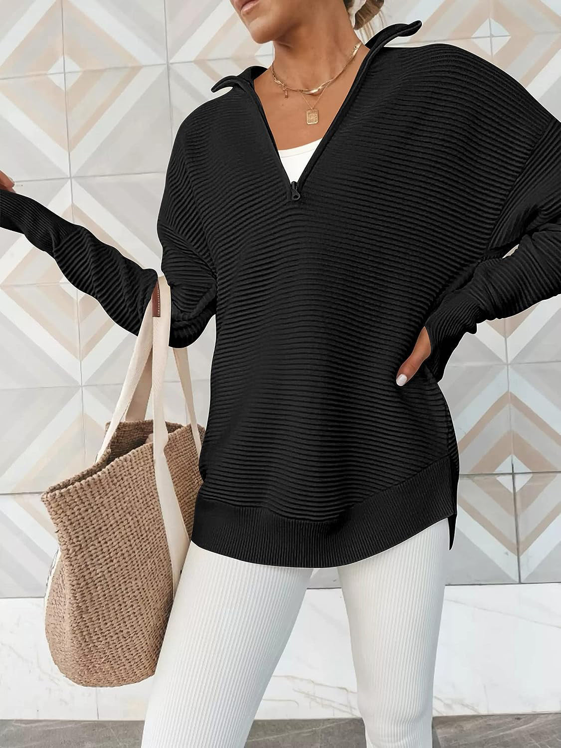 Half Zip Long Sleeve Knit Top Trendsi