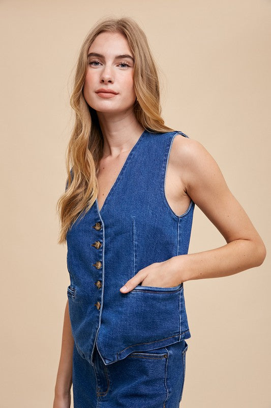 Annie Wear Button Down V-Neck Denim Vest Trendsi