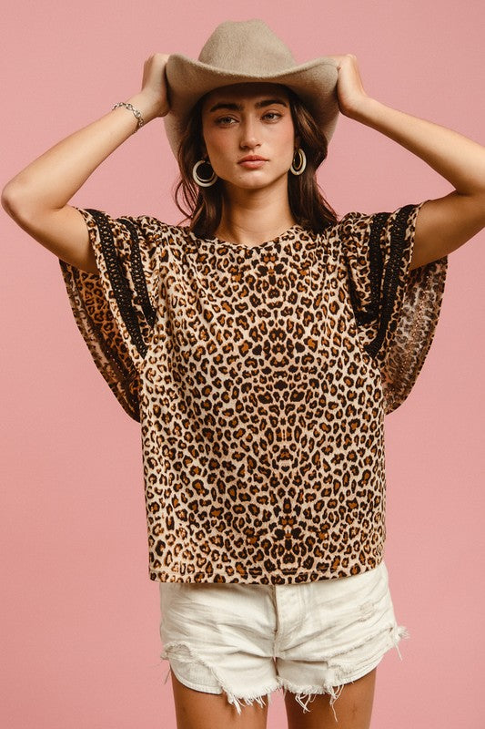 BiBi Leopard Crochet Trim Round Neck Short Sleeve Top Trendsi