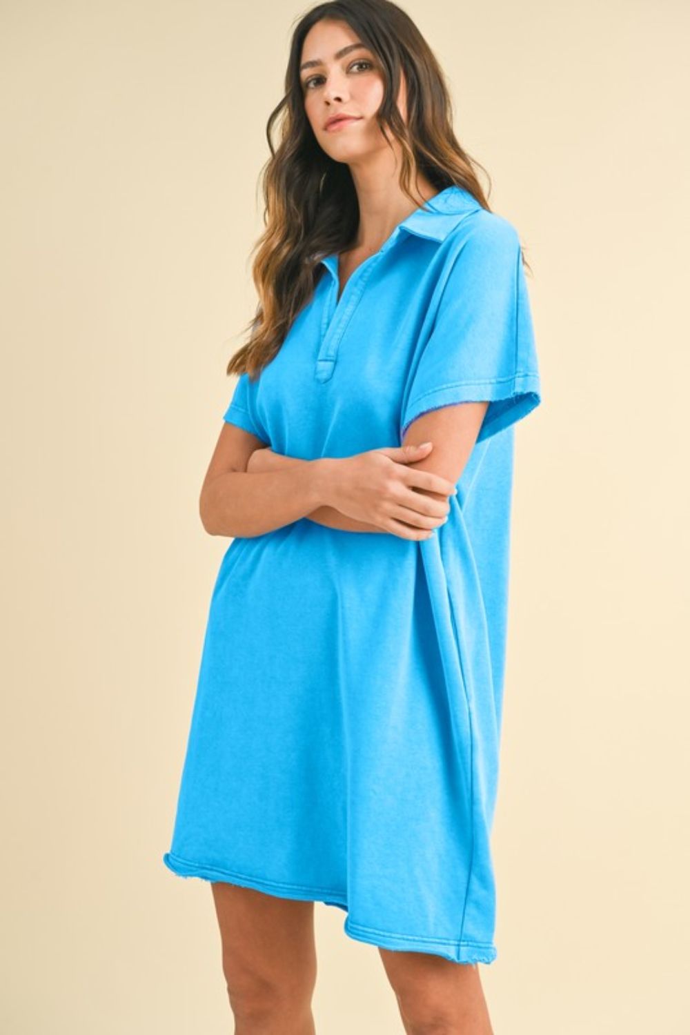 Annie Wear Mineral Washed Johnny Collar Short Sleeve Dress Trendsi