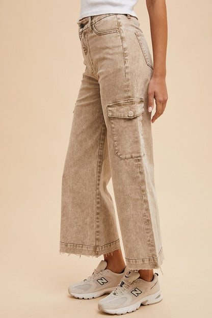 Annie Wear Raw Hem Wide Leg Jeans with Cargo Pockets Trendsi