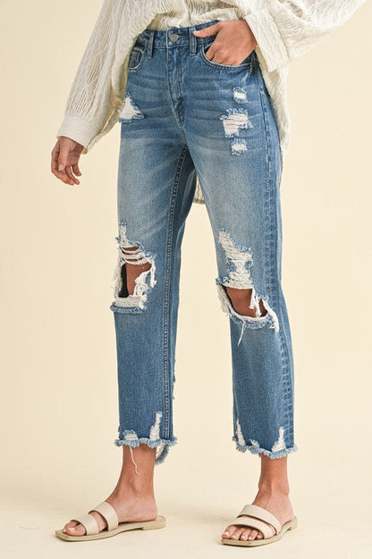 Annie Wear Distressed Raw Hem Cropped Jeans Trendsi