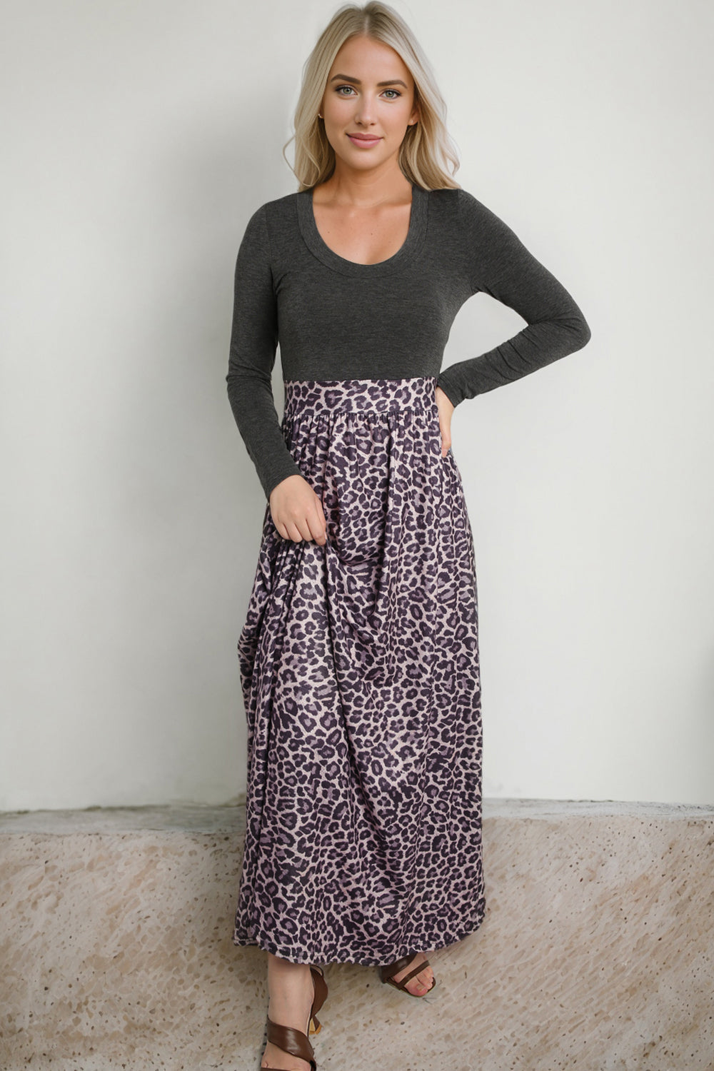 Leopard Round Neck Maxi Dress Trendsi