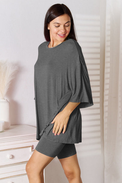 Basic Bae Full Size Soft Rayon Three-Quarter Sleeve Top and Shorts Set Trendsi