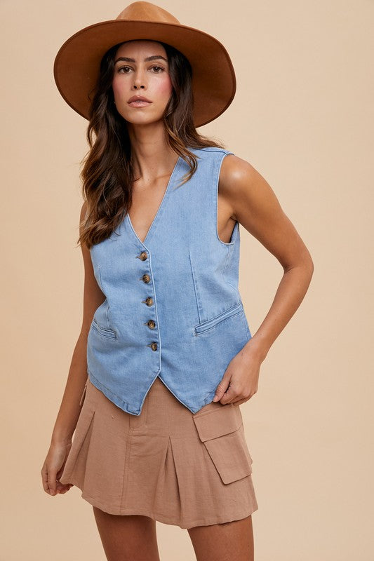 Annie Wear Button Down V-Neck Denim Vest Trendsi