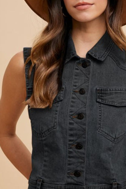 Annie Wear Collared Neck Button Down Denim Vest Trendsi