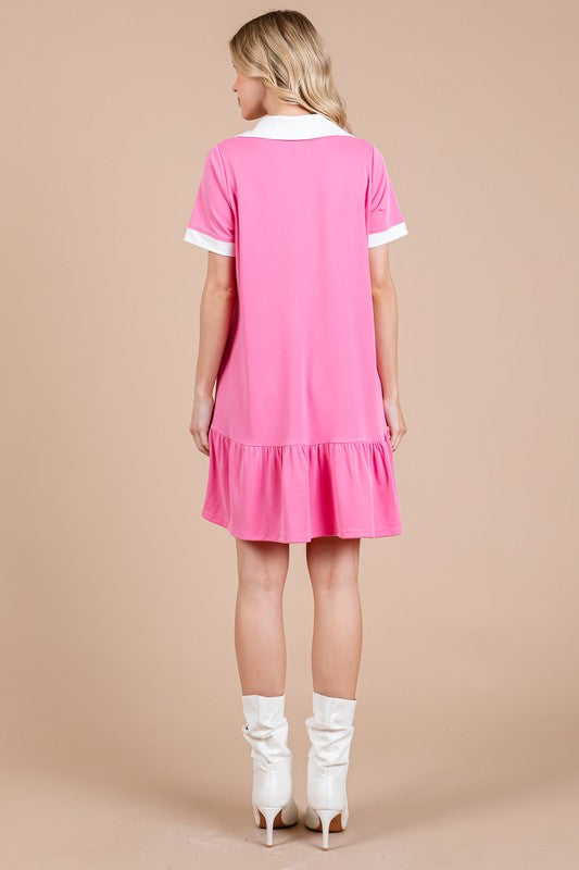 Ces Femme Ruffled Hem Johnny Collar Short Sleeve Dress Trendsi