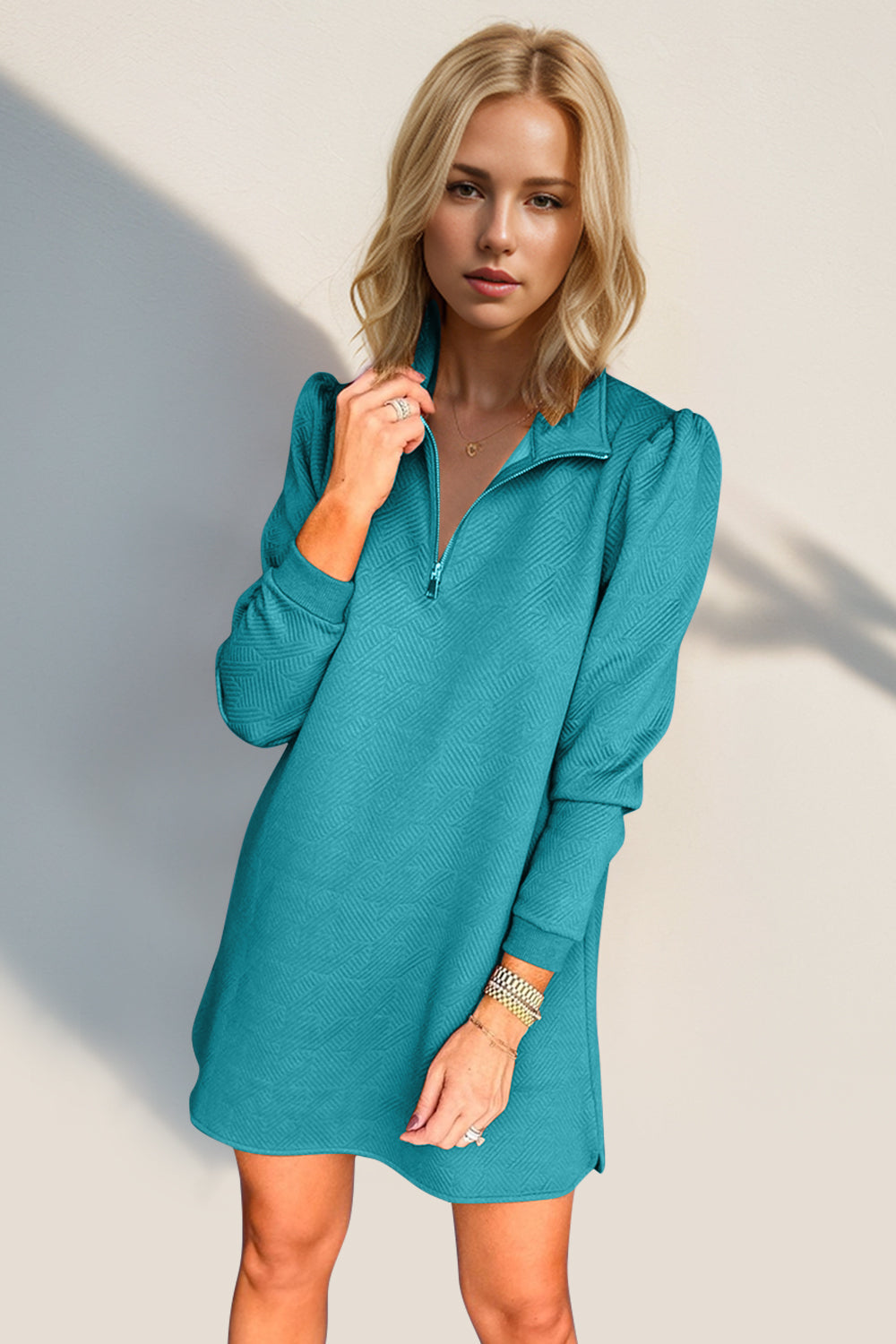 Double Take Textured Quarter Zip Long Sleeve Dress Trendsi