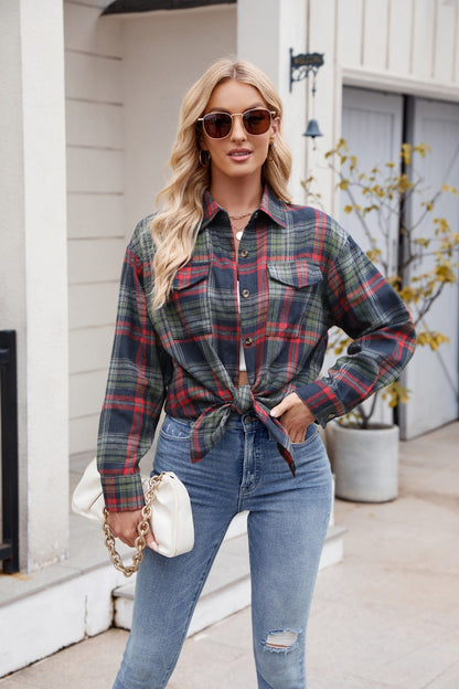 Mandy Plaid Button Up Long Sleeve Shirt Trendsi