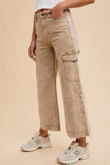 Annie Wear Raw Hem Wide Leg Jeans with Cargo Pockets Trendsi