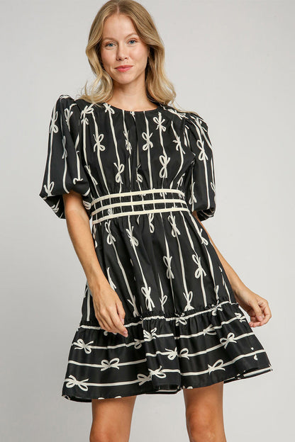 Umgee Ribbon Print Frill Contrast Velvet Trim Half Sleeve Dress Trendsi