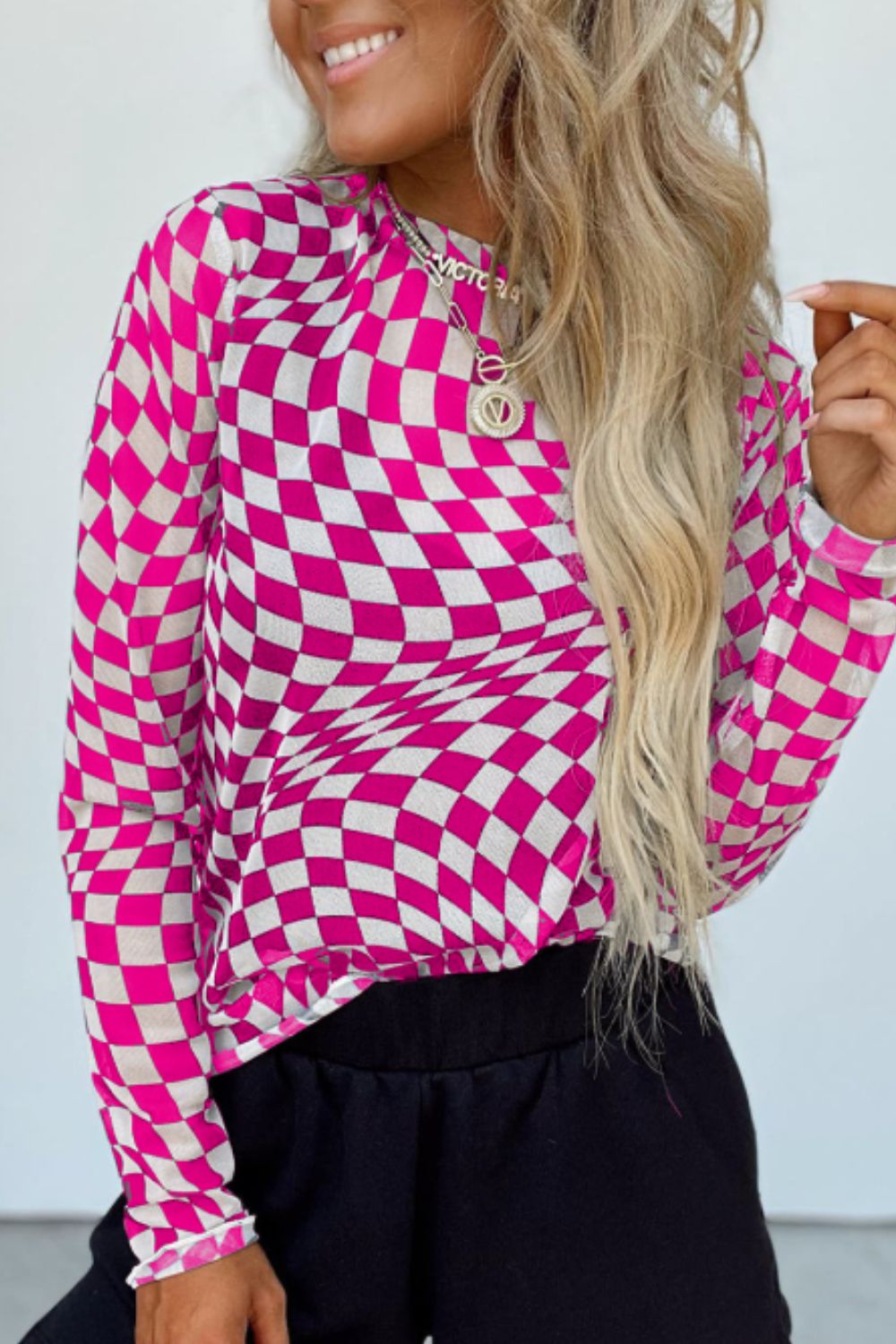 Checkered Mock Neck Long Sleeve Blouse Trendsi