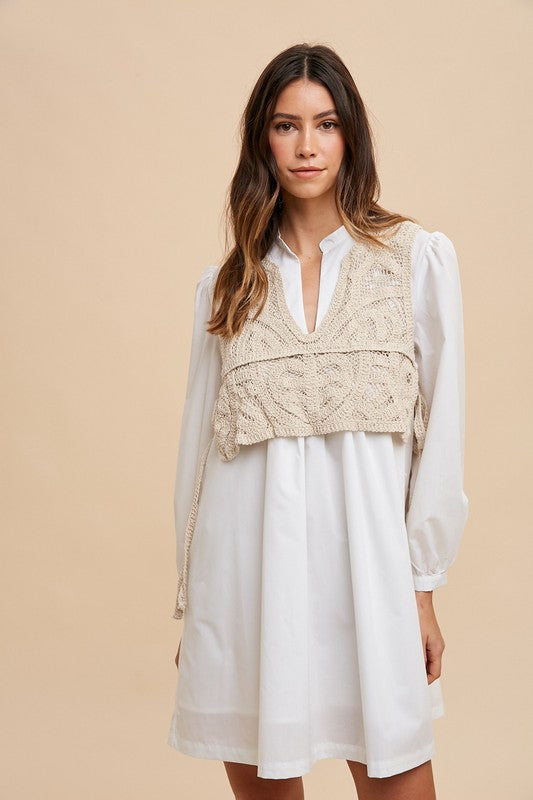 Annie Wear Crochet Vest Notched Long Sleeve Shirt Dress Trendsi