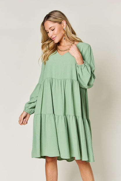 Double Take Full Size V-Neck Balloon Sleeve Tiered Dress with Pockets Trendsi