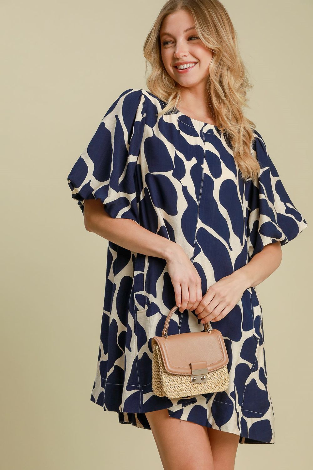 Umgee Two Tone Abstract Print Puff Sleeve Dress Trendsi