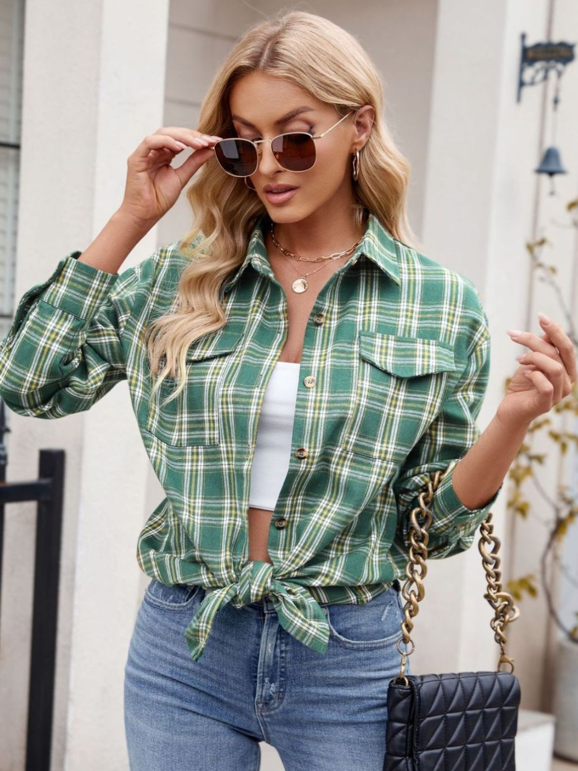 Mandy Plaid Button Up Long Sleeve Shirt Trendsi