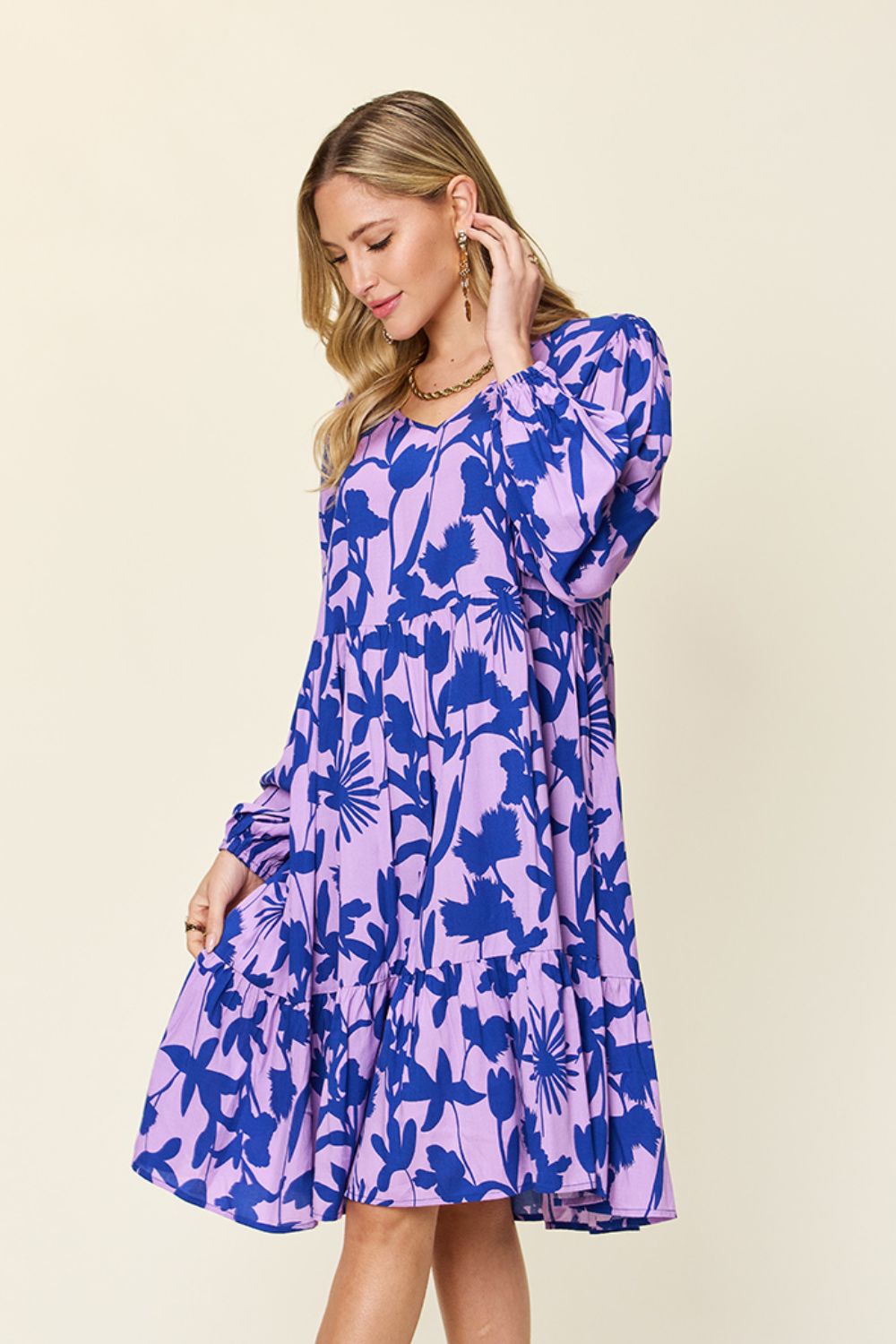 Double Take Full Size Printed Ruffle Hem Dress with Pocket Trendsi