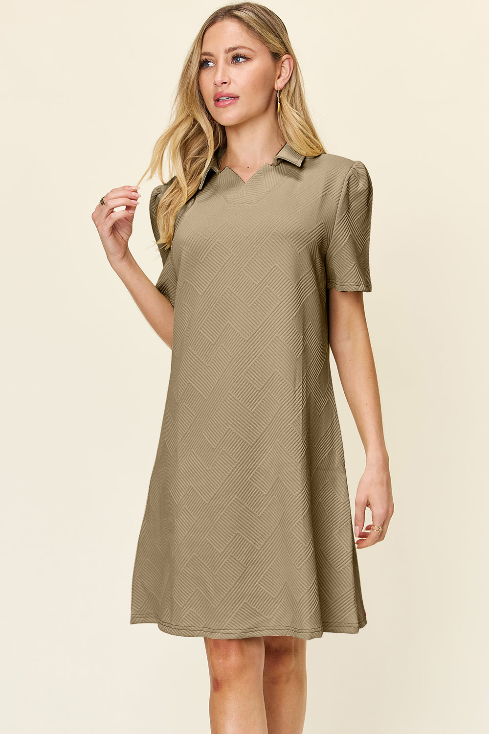 Double Take Full Size Texture Collared Neck Short Sleeve Dress Trendsi