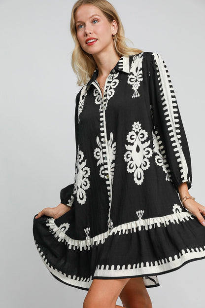 Umgee Border Print Button Down Ruffled Hem Dress Trendsi