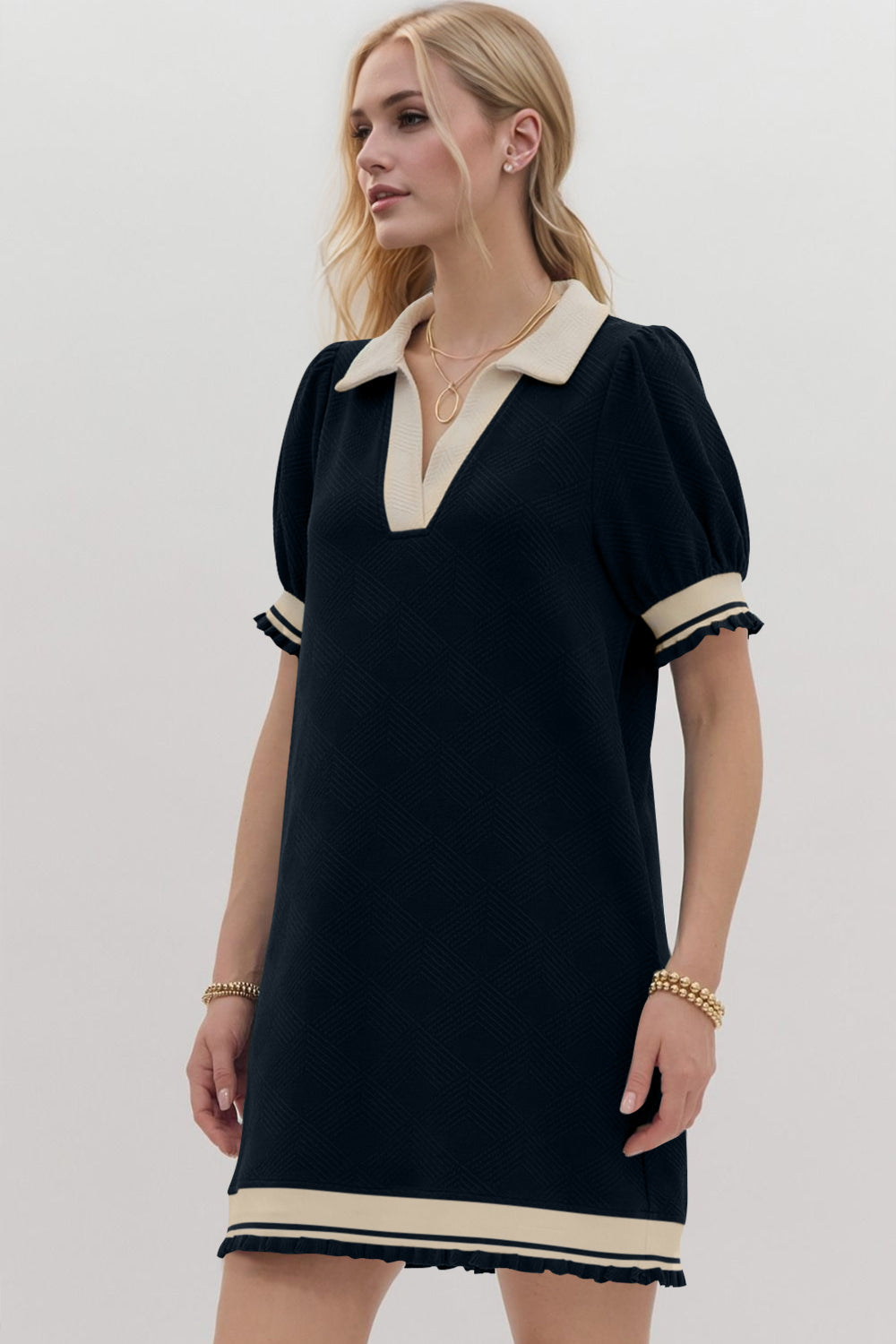 Oh Frill Contrast Trim Johnny Collar Short Sleeve Mini Dress Trendsi