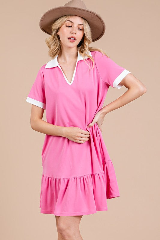 Ces Femme Ruffled Hem Johnny Collar Short Sleeve Dress Trendsi