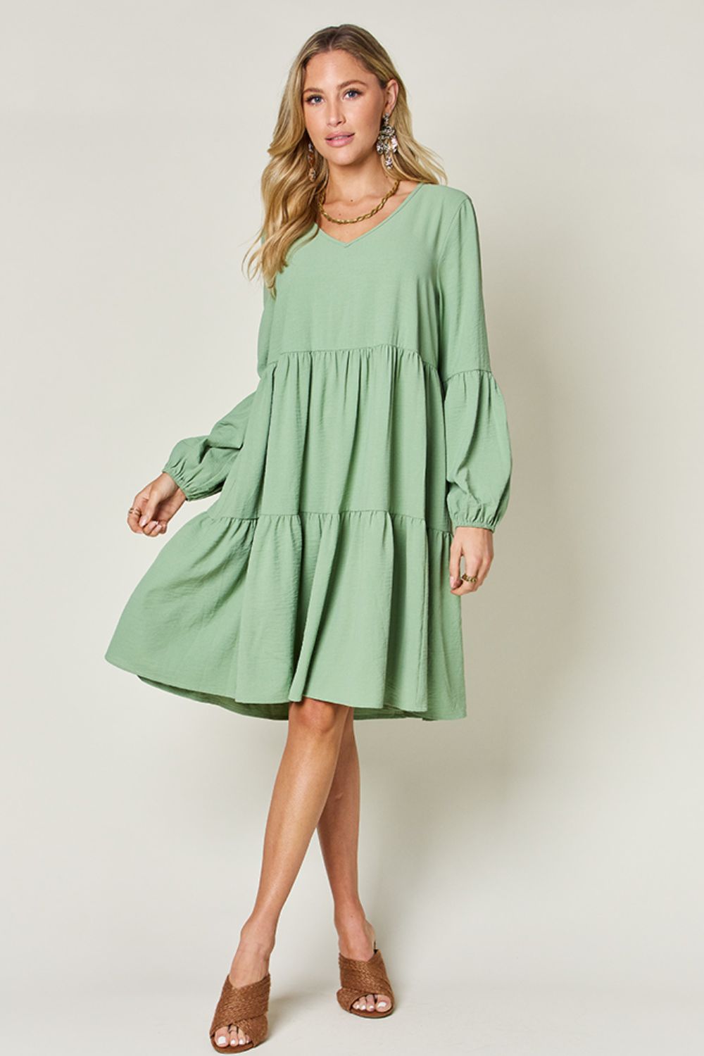 Double Take Full Size V-Neck Balloon Sleeve Tiered Dress with Pockets Trendsi