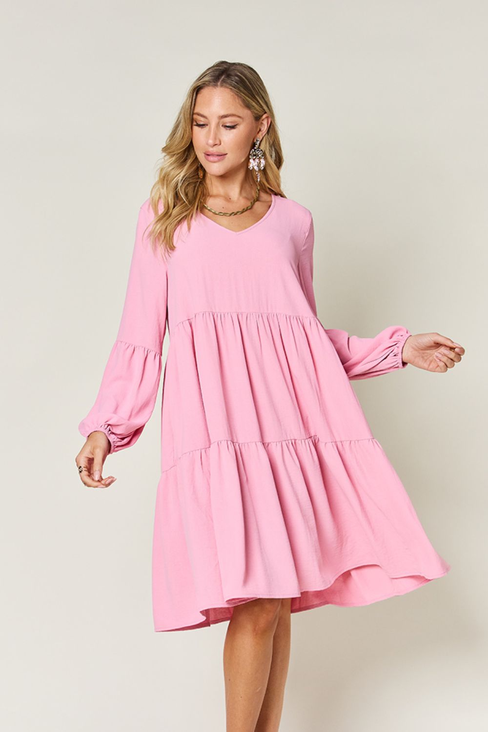 Double Take Full Size V-Neck Balloon Sleeve Tiered Dress with Pockets Trendsi