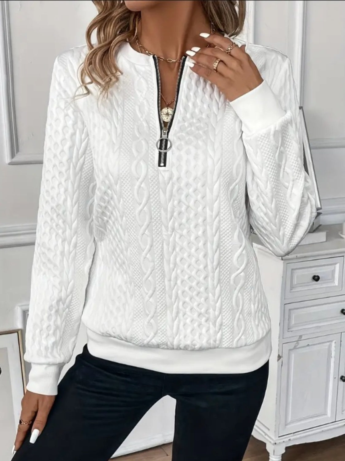 Texture Half Zip Long Sleeve Sweatshirt Trendsi