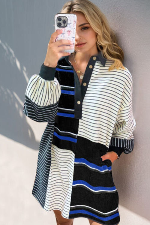 Oh Full Size Striped Half Button Long Sleeve Mini Dress Trendsi