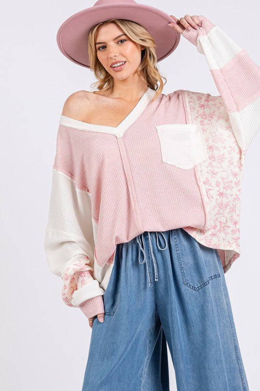 SAGE + FIG Floral Long Sleeve V-Neck Waffle Knit Top Trendsi