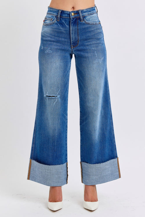 Judy Blue Full Size Distressed High Waist Wide Leg Jeans Trendsi